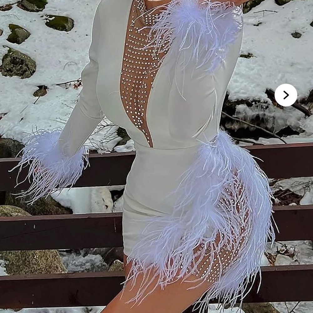 Fashion Nova White Feather Long Sleeve Dress